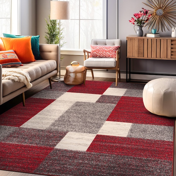 World Rug Gallery Contemporary Modern Geometric Boxes Design Non-Slip Area Rug 5'3'' x 7'3'' Red 506RED5X7 - main